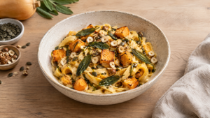 Butternut squash pasta med salvie, hasselnødder og græskarkerneolie