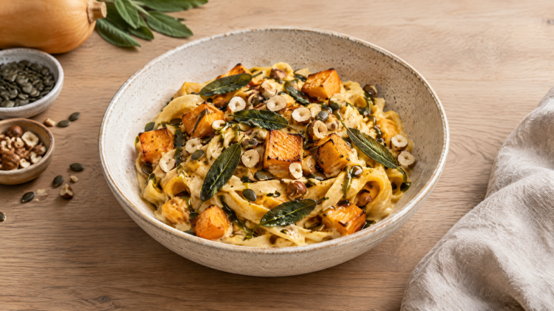 Butternut squash pasta med salvie, hasselnødder og græskarkerneolie