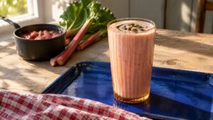 Rabarber-smoothie med kærnemælk, vanilje, græskarkerneolie og ristede græskarkerner