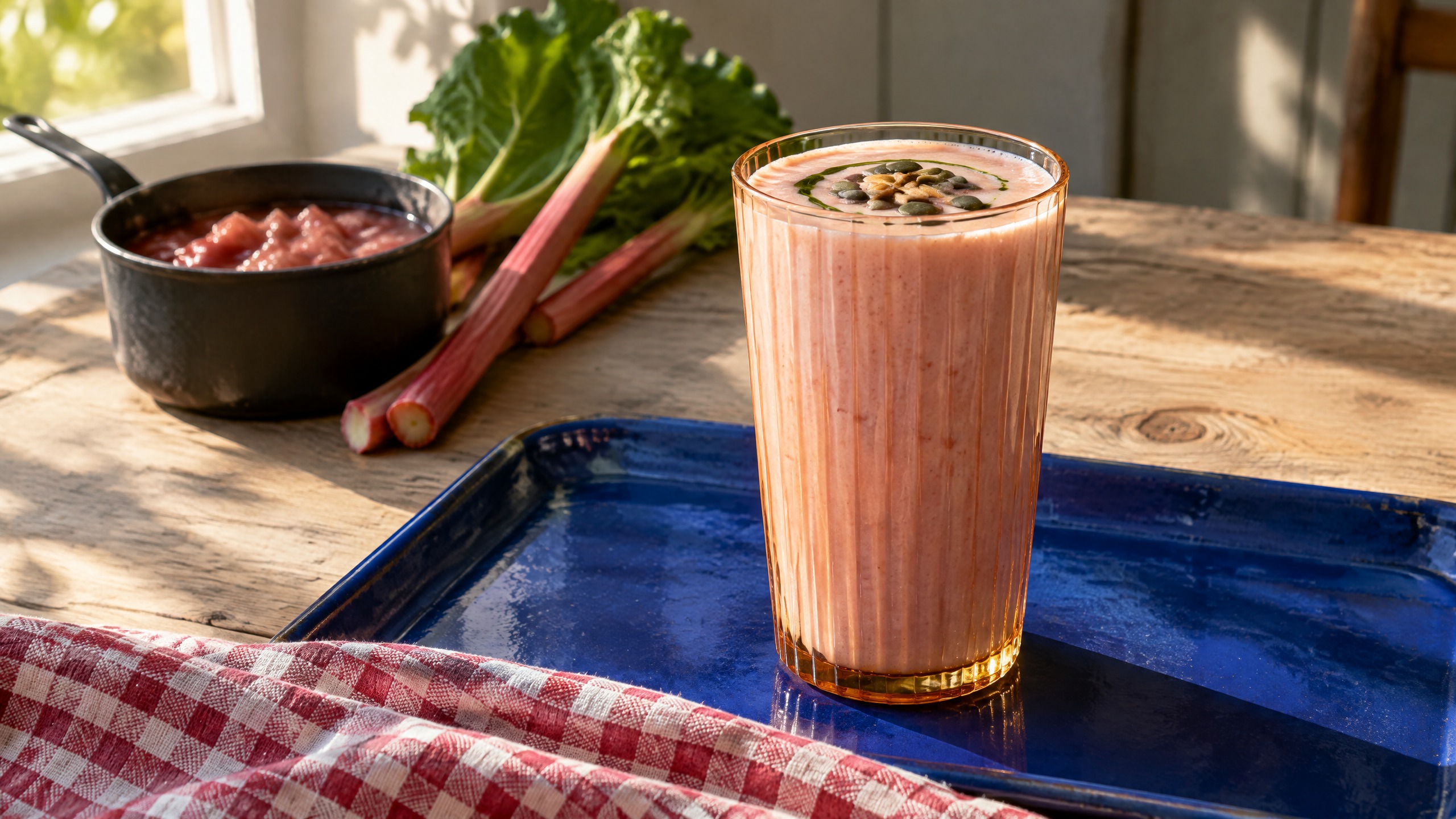 Rabarber-smoothie med kærnemælk, vanilje, græskarkerneolie og ristede græskarkerner