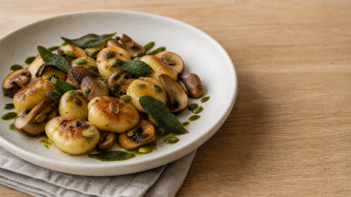 Gnocchi med svampe, salvie og græskarkerneolie